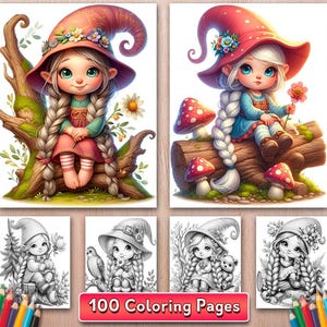 Forest Gnome Girl Coloring Book: 100 Grayscale Woodland Pages (PDF)