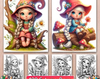 Forest Gnome Girl Coloring Book: 100 Grayscale Woodland Pages, Digital Download (PDF)