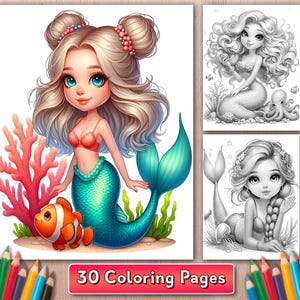 Adorable Mermaid Grayscale Coloring Book for Adults and Kids, 30 Cute & Whimsical Pages to Color, Fantasy Underwater Scenes, Printable PDF