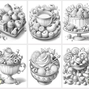 May include: A collection of six black and white illustrations of various desserts, including cupcakes, cakes, and pastries. Each illustration is drawn in a realistic style with intricate details.