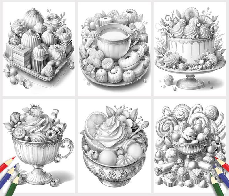 May include: A collection of six black and white illustrations of various desserts, including cupcakes, cakes, and pastries. Each illustration is drawn in a realistic style with intricate details.