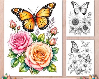 Butterflies & Flowers Grayscale Coloring Book - 50 Printable Pages, Floral Butterfly Digital PDF