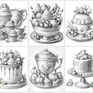 May include: A collection of six black and white illustrations of cakes and desserts. The illustrations are in a vintage style and feature intricate details. The cakes are decorated with flowers, berries, and other embellishments.