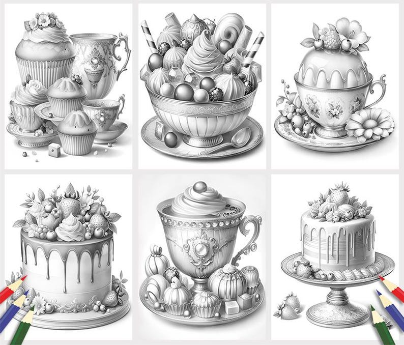 May include: A collection of six black and white illustrations of cakes and desserts. The illustrations are in a vintage style and feature intricate details. The cakes are decorated with flowers, berries, and other embellishments.