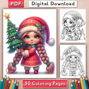May include: Digital download featuring a cartoon girl in a red Christmas outfit holding a decorated tree. The image includes the text "PDF", "Digital Download", and "30 Coloring Pages". Additional black and white coloring pages are also shown.