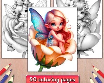 妖精の塗り絵、50ページのグレースケールアート（デジタルダウンロード）