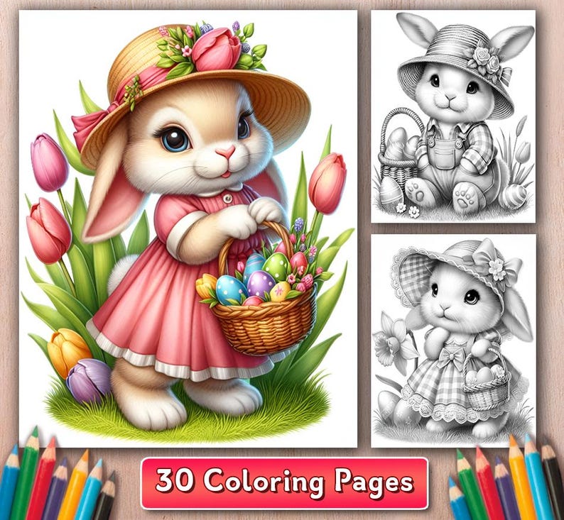 May include: A set of 30 coloring pages featuring a cute bunny rabbit holding a basket of colorful Easter eggs. The bunny is wearing a pink dress and a straw hat with flowers. The coloring pages are perfect for kids of all ages.