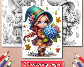 Gnome Girl Coloring Book: Autumn Flowers, 30 Pages (PDF)