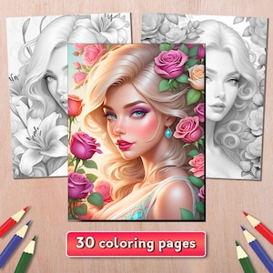 Beautiful Women with Flowers. 30 Gorgeous Realistic Female Portraits with Grayscale Coloring Page. Coloring Book for adults.