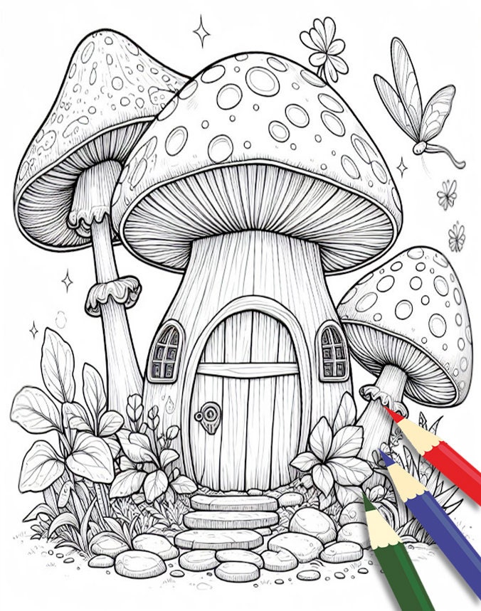 Enchanted Mushroom House Coloring Book: 30 Grayscale Pages (PDF) - Etsy