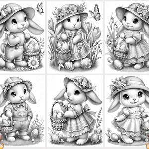 May include: A set of six black and white illustrations of bunnies holding baskets of Easter eggs. Each bunny is wearing a different hat and dress. The illustrations are perfect for coloring pages or craft projects.