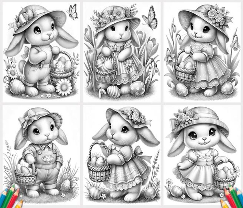 May include: A set of six black and white illustrations of bunnies holding baskets of Easter eggs. Each bunny is wearing a different hat and dress. The illustrations are perfect for coloring pages or craft projects.