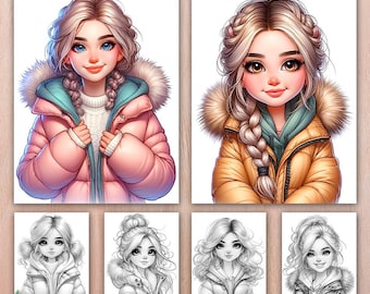 Grayscale Portrait Coloring Book - Woman with a Jacket, 100 Pages (PDF)