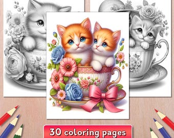 30 Kittens in a Teacup Coloring Pages, Adorable Cat Coloring Book, Grayscale Animal, Digital Download