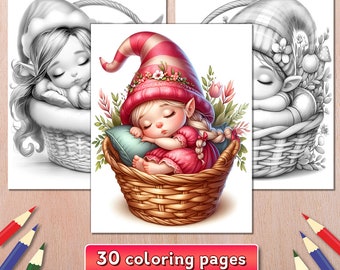 Sleeping Gnome Grayscale Coloring Book, 30 Pages (PDF Download)
