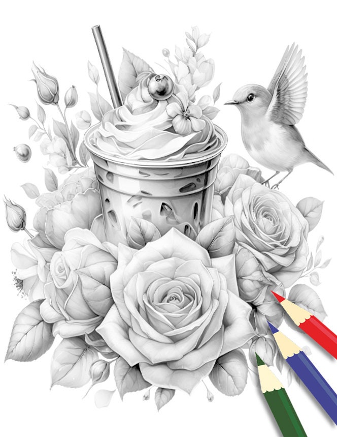Iced Coffee Coloring Book, Coffee With Flowers Coloring Page, Coffee ...