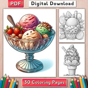 Ice Cream Coloring Book - 30 Grayscale Coloring Pages, Sweet Dessert Designs, Printable PDF