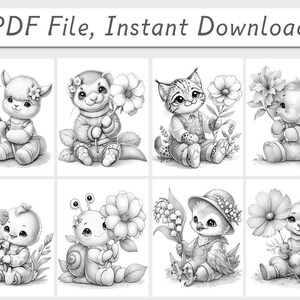 May include: A digital PDF file containing eight black and white line art illustrations of baby animals, including a lamb, ferret, lynx, elephant, chick, snail, bird, and another lamb, each holding a flower, with the text PDF File, Instant Download.