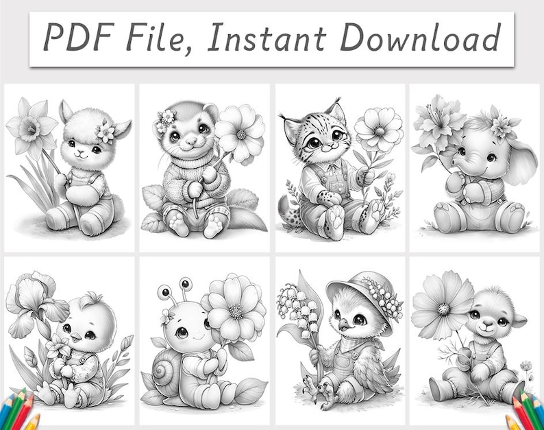 May include: A digital PDF file containing eight black and white line art illustrations of baby animals, including a lamb, ferret, lynx, elephant, chick, snail, bird, and another lamb, each holding a flower, with the text PDF File, Instant Download.