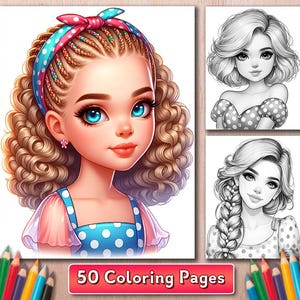 Grayscale girl portraits coloring book | 50 Cute and stylish female faces to color | Fashion-inspired coloring page