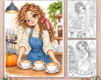 Cozy Cafe Girl Coloring Book, 30 Grayscale Pages, Printable Autumn Coloring PDF
