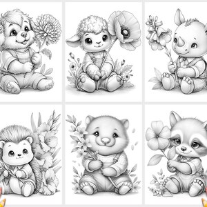 May include: A set of six black and white line art illustrations featuring a puppy, a lamb, a rhinoceros, a hedgehog, a bear, and a raccoon, each wearing overalls and holding a different flower, designed for coloring activities.