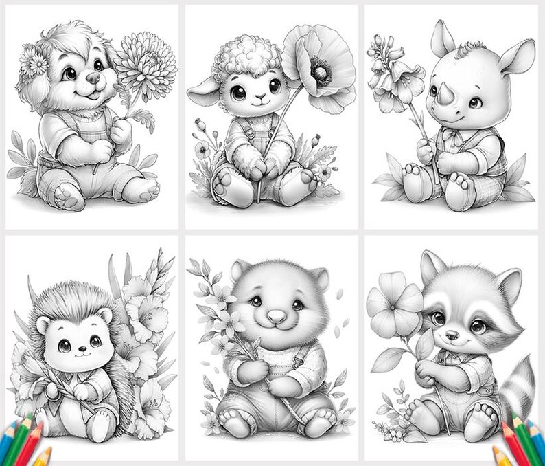 May include: A set of six black and white line art illustrations featuring a puppy, a lamb, a rhinoceros, a hedgehog, a bear, and a raccoon, each wearing overalls and holding a different flower, designed for coloring activities.