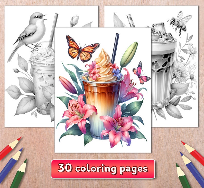 Iced Coffee Coloring Book, Coffee With Flowers Coloring Page, Coffee ...