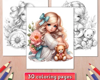 Meisje en teddybeer kleurplaten, schattig klein meisje met bloemen, kleurboek, grijswaardenkleuren, Instant Download