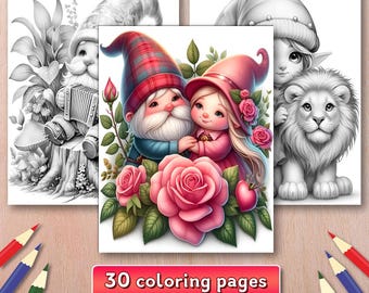 50 Gnomes Coloring Pages, Gnome Grayscale Coloring Book, Digital Download (PDF)