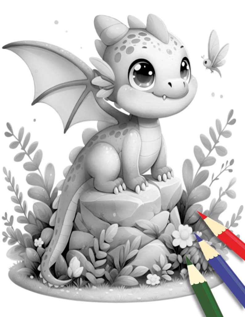 May include: A black and white illustration of a cute baby dragon sitting on a rock with a butterfly flying nearby. The dragon has large eyes and a friendly expression. There are three colored pencils in the bottom right corner of the image.