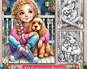 Girl with Dog Coloring Book, 30 Grayscale Pages, Digital Download