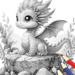 May include: A black and white illustration of a cute cartoon dragon with large eyes and a spiky mane. The dragon is sitting on a rock with green vines and flowers growing around it. Three colored pencils are lying on the ground next to the rock.