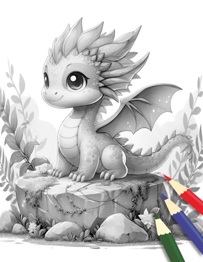 May include: A black and white illustration of a cute cartoon dragon with large eyes and a spiky mane. The dragon is sitting on a rock with green vines and flowers growing around it. Three colored pencils are lying on the ground next to the rock.