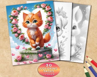 Animals Grayscale Coloring Book, Kittens, Puppies, Bears (Printable PDF)
