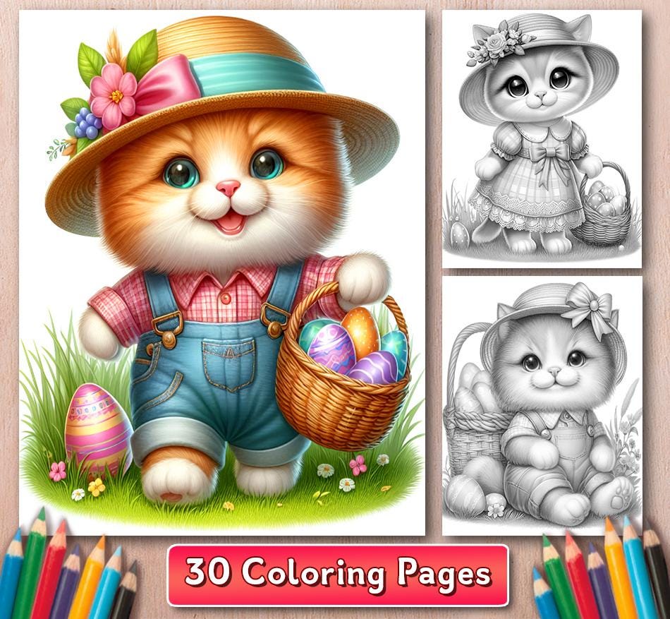 30 Easter Cats Coloring Pages, Cat Coloring Book, Easter Kittens Scenes Coloring, Cat Coloring Pages, Easter Coloring, Cats Coloring PDF