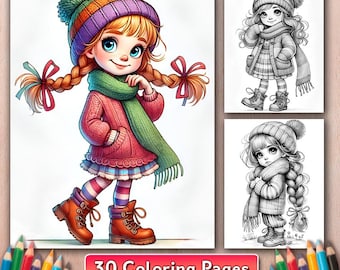 30 Winter Girls Coloring Book, Little Girl Coloring Pages, Lady Grayscale, PDF file