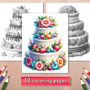 Cake Coloring Book: 30 Grayscale Dessert Pages (PDF Download)