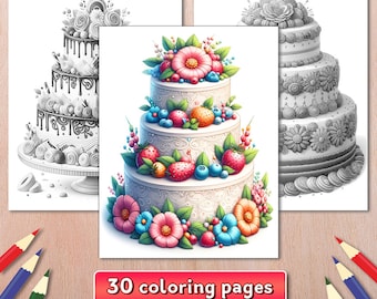 Cake Coloring Book: 30 Grayscale Dessert Pages (PDF Download)