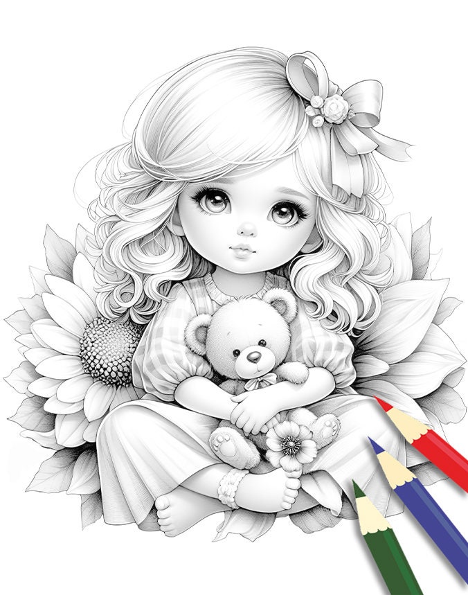Girl and Teddy Bear Coloring Pages, Cute Little Girl With Flowers ...