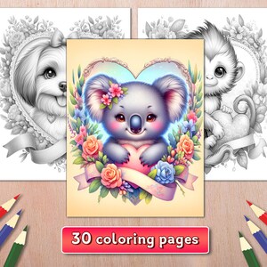 30 Floral Animals Coloring Pages, Cute Baby Animal Coloring Book, Animal Coloring Pages Grayscale, Animal Coloring Pages for Adults and Kids