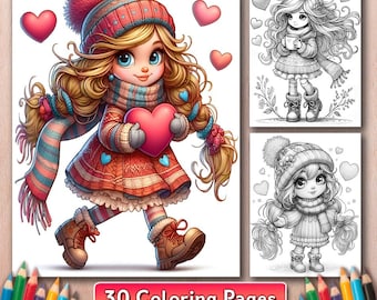 Valentines Cuties Coloring Book, 30 Grayscale Coloring Pages (PDF)