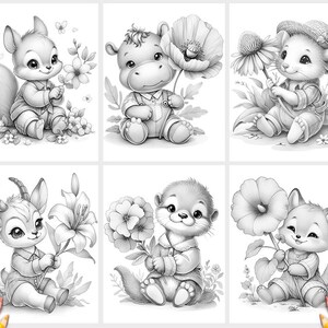Animal Grayscale Coloring Book, 50 Animals with Flowers Coloring Pages, Printable PDF image 2
