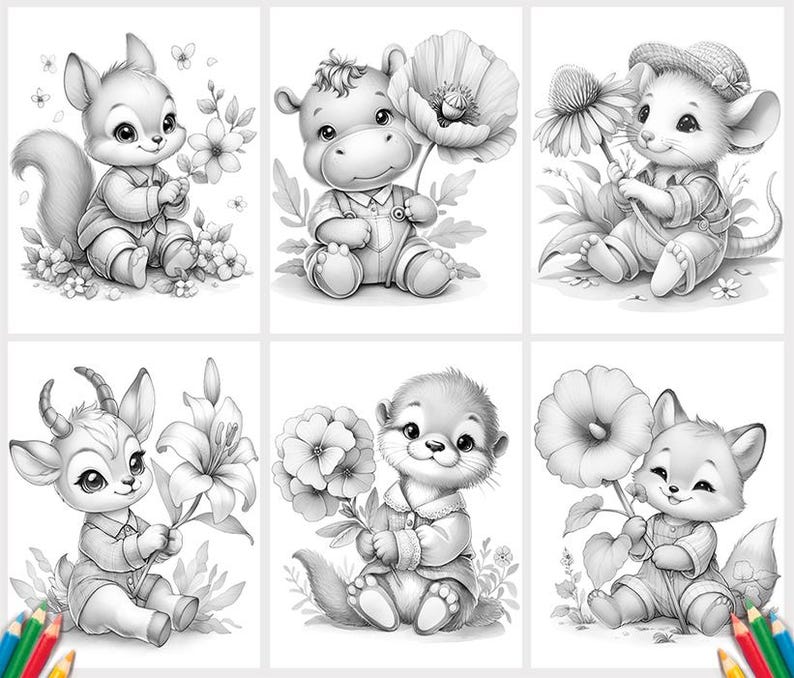 Animal Grayscale Coloring Book, 50 Animals with Flowers Coloring Pages, Printable PDF image 2
