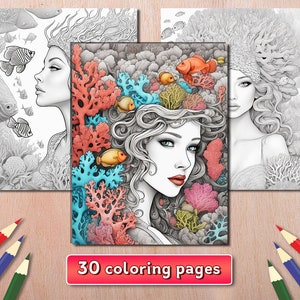 Könnte beinhalten: Drei Malbücher mit Illustrationen von Frauen mit Korallen und Fischen. Das zentrale Bild ist farbig, während die anderen Graustufen sind. Der Text "30 Malvorlagen" wird auf einem roten Banner angezeigt. Buntstifte sind sichtbar.