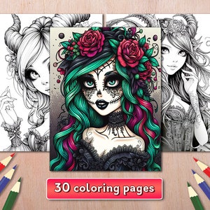 May include: A set of 30 colouring pages featuring a black and white illustration of a woman with a skull face, flowers in her hair, and a black dress. The text "30 colouring pages" is printed on a red banner.