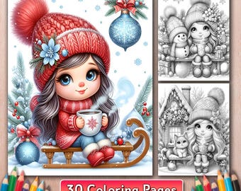 Christmas Gnome Coloring Pages, 30 Grayscale Coloring Xmas Art (Digital Download)