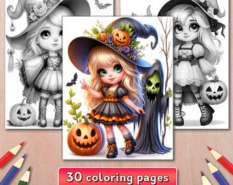 30 Halloween Witch Coloring Pages, Fantasy Coloring Book, Beauties Grayscale Art (PDF)