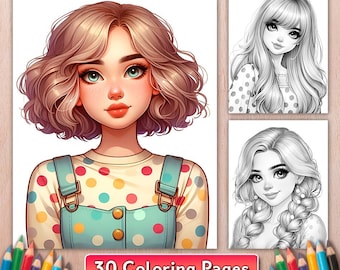 Girl Portraits Coloring Book, 30 Female Faces & Hairstyles (Digital Download)