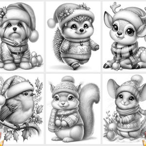 May include: A set of ten black and white illustrations featuring various animals wearing winter clothing. The animals include a dog, a hedgehog, a deer, a squirrel, and a mouse. Each animal is wearing a hat, scarf, and coat.
